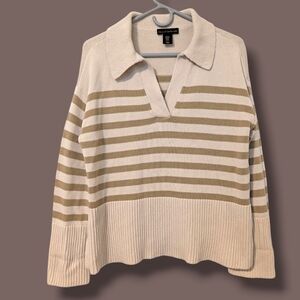 House of Harlow Cream Beige Striped Cotton V-Neck Collared Oversized Sweater XS